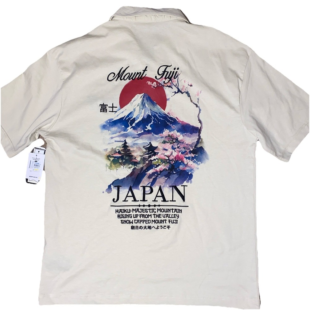 New Mens Polo Mount Fuji Japan Off White Embroidered Size Medium Sunset